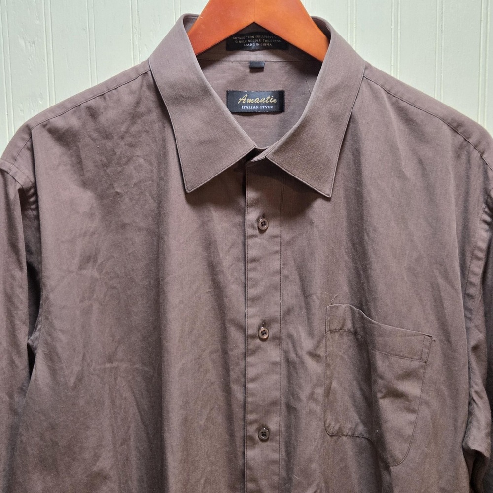 Amanti Dress Shirt Mens 17.5 32/33 Brown Solid‎ Long Sleeve Button Front